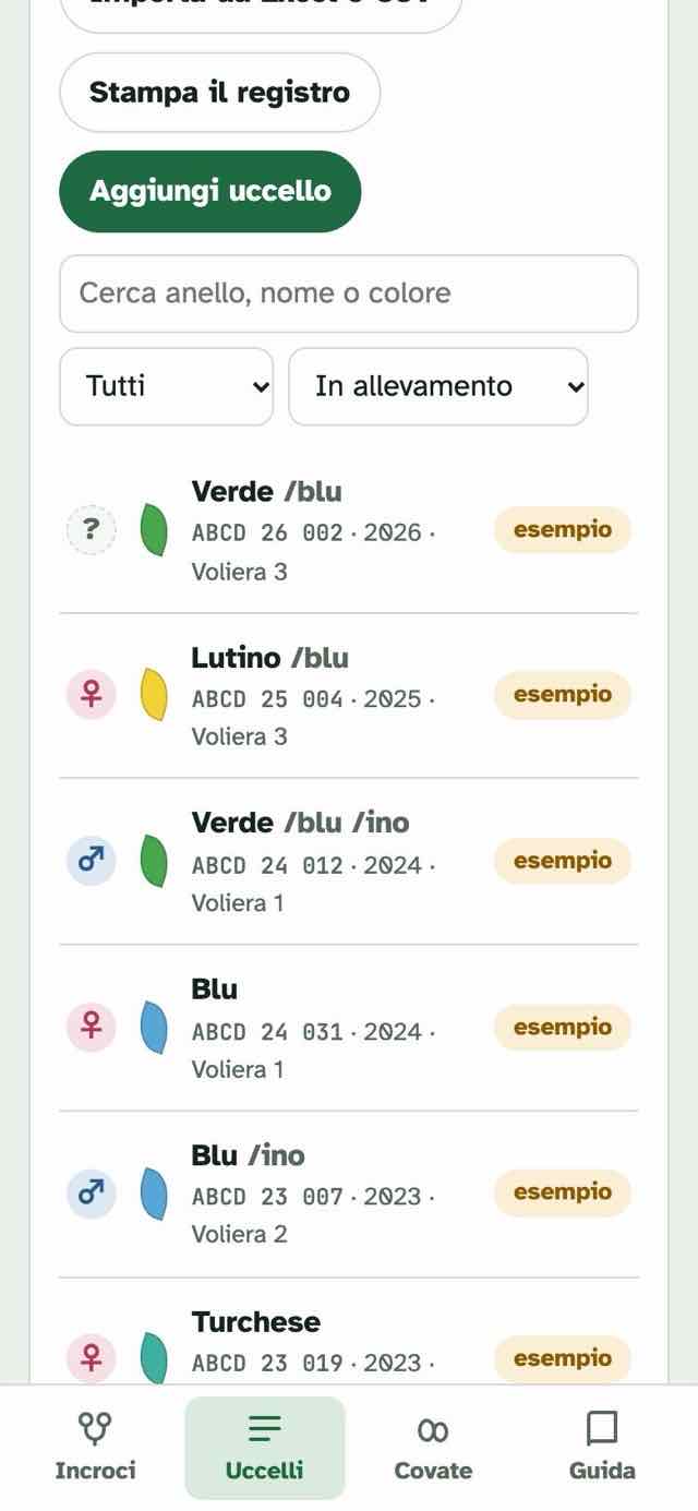 Il registro degli uccelli con anello, sesso, colore e voliera